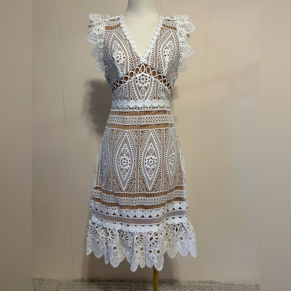 NWT Michael Kors medallion White Lace lined V-Neck Midi Dress size XXS